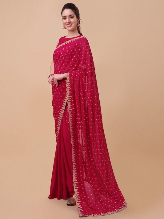 Pink & Gold-Toned Ethnic Motifs Embroidered Saree - Inddus.com