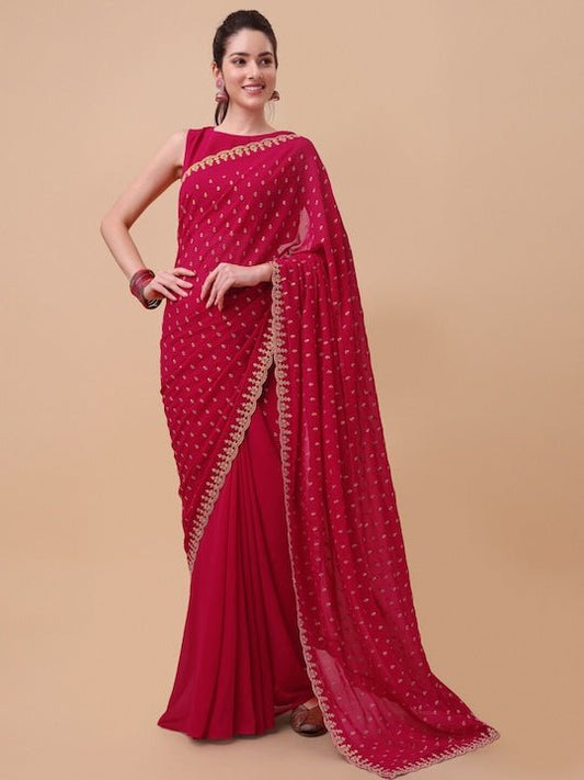 Pink & Gold-Toned Ethnic Motifs Embroidered Saree - Inddus.com