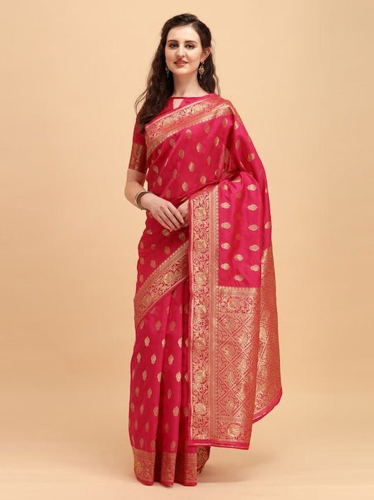 Pink & Gold-Toned Ethnic Motifs Zari Jashn Saree - Inddus.com