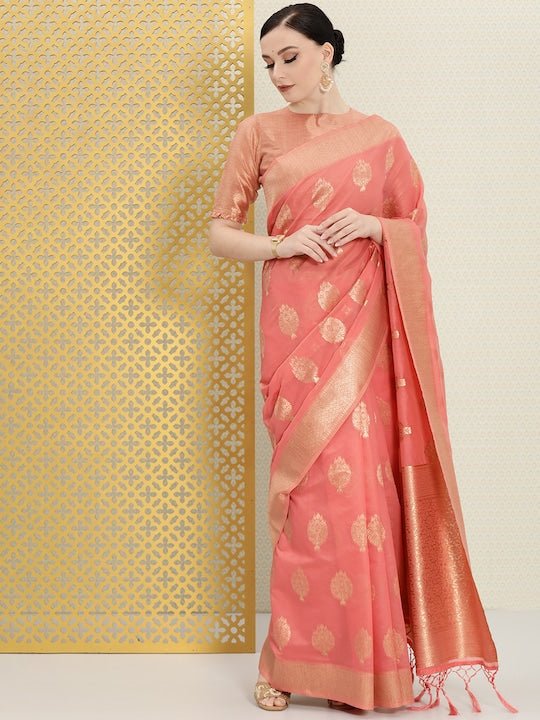 Pink & Gold-Toned Ethnic Motifs Zari Saree - Inddus.com