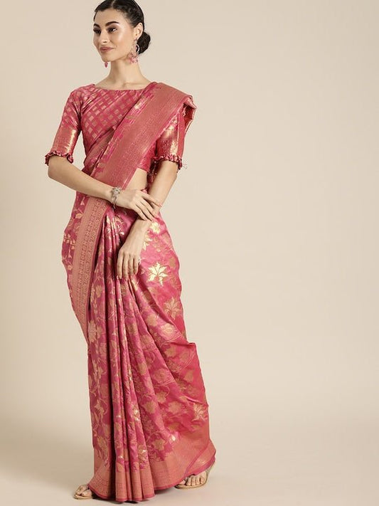 Pink & Gold-Toned Silk Blend Woven Design Banarasi Saree