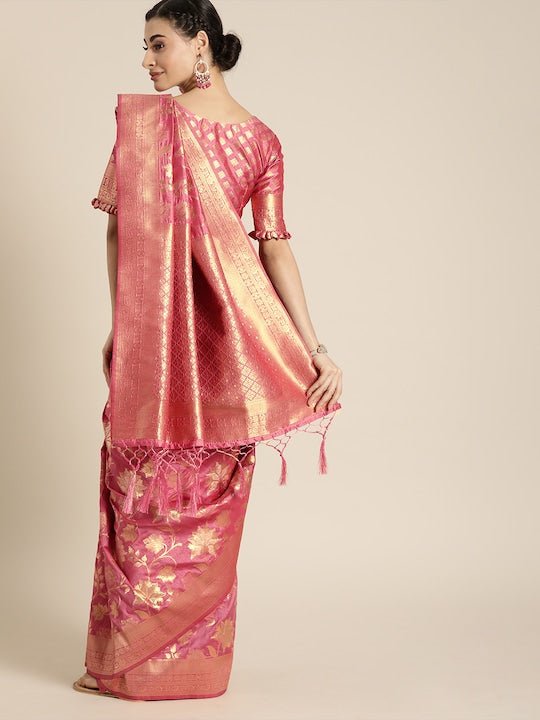 Pink & Gold-Toned Silk Blend Woven Design Banarasi Saree