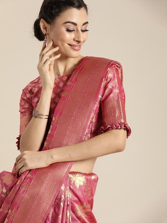 Pink & Gold-Toned Silk Blend Woven Design Banarasi Saree