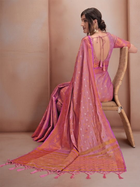 Pink & Gold-Toned Woven Design Zari Silk Blend Saree - Inddus.com