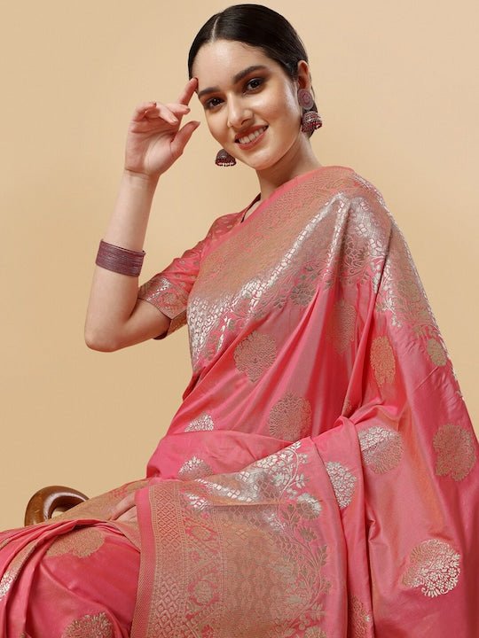 Pink & Gold-Toned Woven Design Zari Silk Blend Saree - Inddus.com