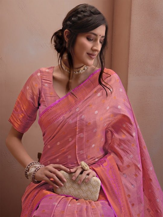 Pink & Gold-Toned Woven Design Zari Silk Blend Saree - Inddus.com