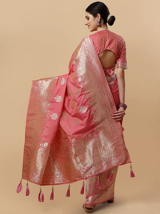 Pink & Gold-Toned Woven Design Zari Silk Blend Saree - Inddus.com