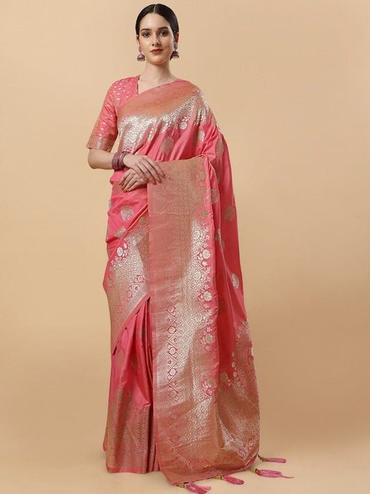 Pink & Gold-Toned Woven Design Zari Silk Blend Saree - Inddus.com