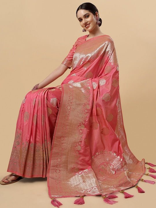 Pink & Gold-Toned Woven Design Zari Silk Blend Saree - Inddus.com