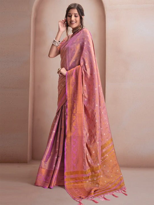 Pink & Gold-Toned Woven Design Zari Silk Blend Saree - Inddus.com