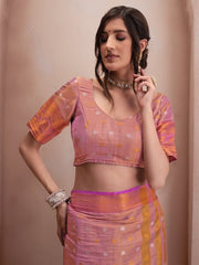 Pink & Gold-Toned Woven Design Zari Silk Blend Saree - Inddus.com