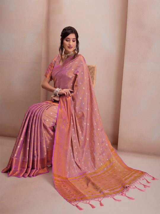 Pink & Gold-Toned Woven Design Zari Silk Blend Saree - Inddus.com