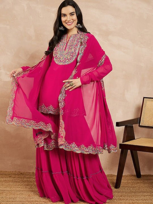 Pink & Gold Toned Yoke Design Embroidered Straight Kurta With Sharara & Dupatta - Inddus.com