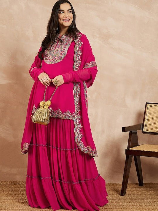 Pink & Gold Toned Yoke Design Embroidered Straight Kurta With Sharara & Dupatta - Inddus.com