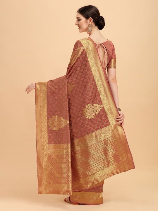 Pink & Golden Ethnic Motifs Zari Silk Blend Saree - Inddus.com