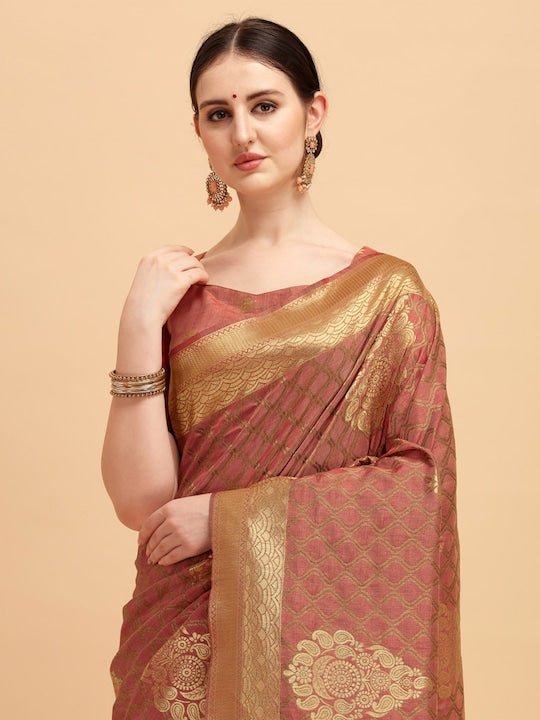 Pink & Golden Ethnic Motifs Zari Silk Blend Saree - Inddus.com