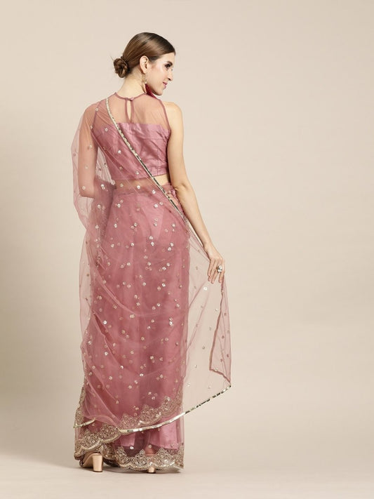 Pink & Golden Net Embellished Saree - inddus-us