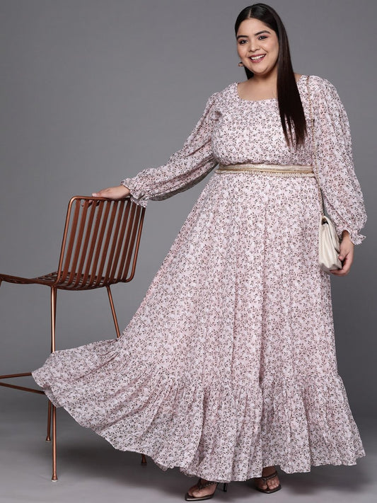 Pink & Grey Floral Print Georgette Ethnic Maxi Dress - Inddus.com