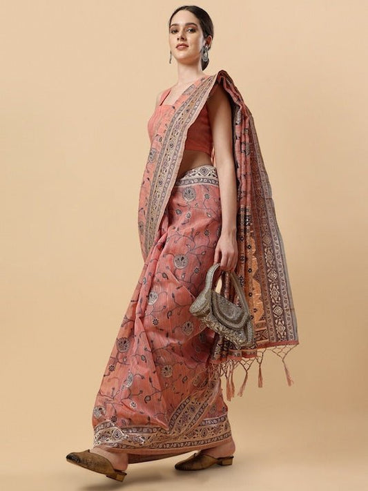 Pink & Grey Woven Design Zari Saree - Inddus.com