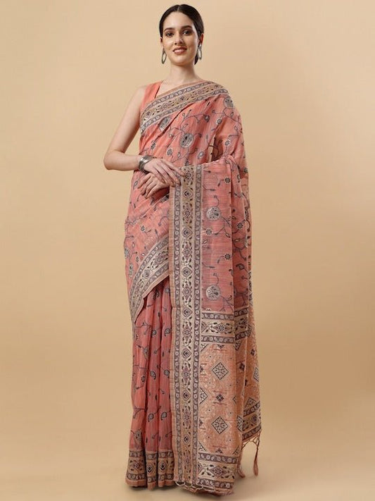 Pink & Grey Woven Design Zari Saree - Inddus.com