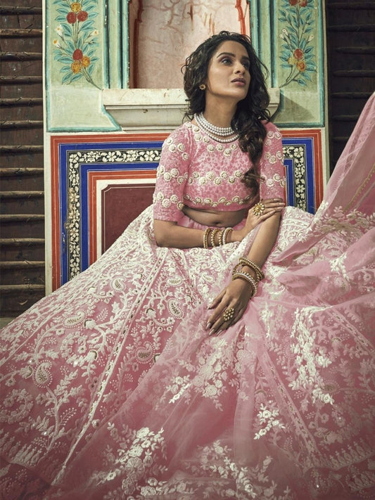 Pink Net Embroidered Partywear Lehenga Choli - inddus-us