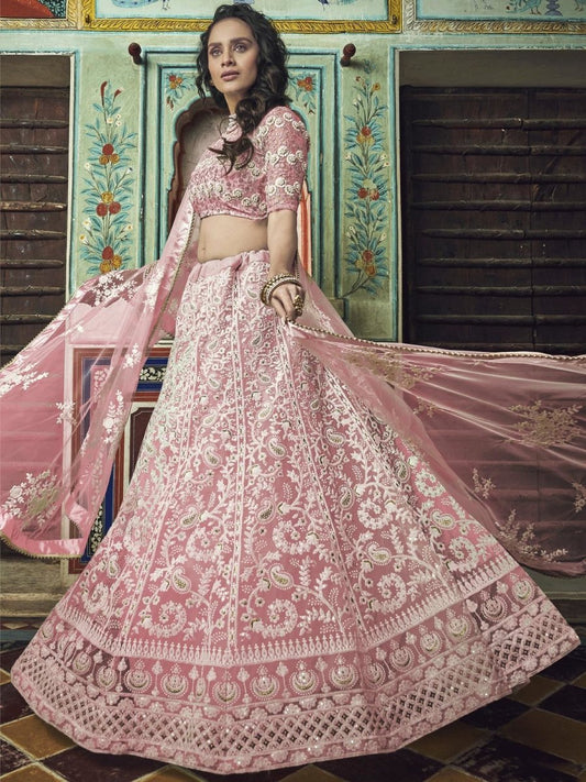 Pink Net Embroidered Partywear Lehenga Choli - inddus-us