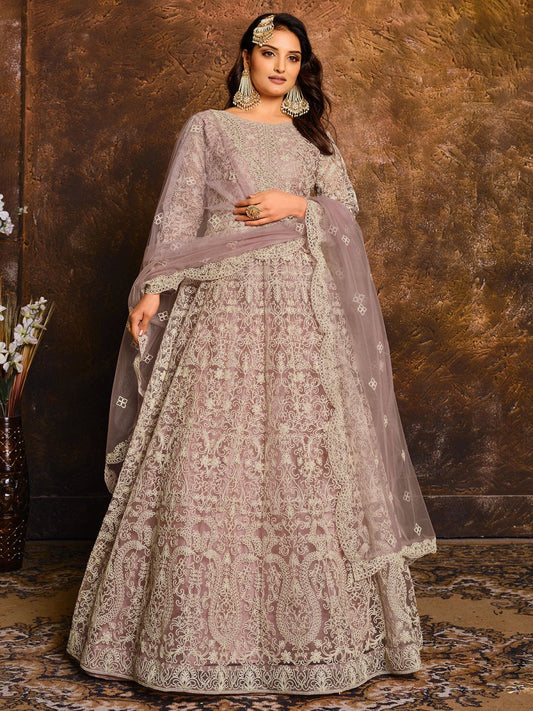 Pink Net Festive Wear Anarkali Suit - Inddus.com