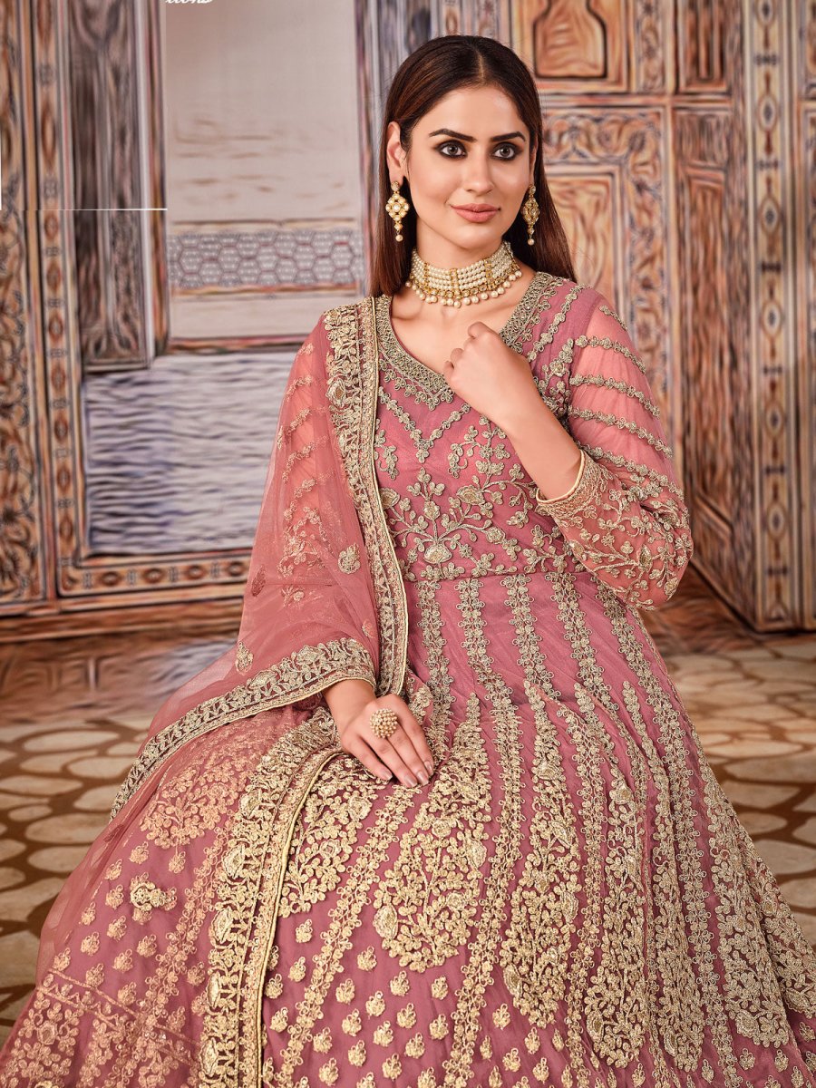 Pink Net Partywear Anarkali Suit - Inddus.com