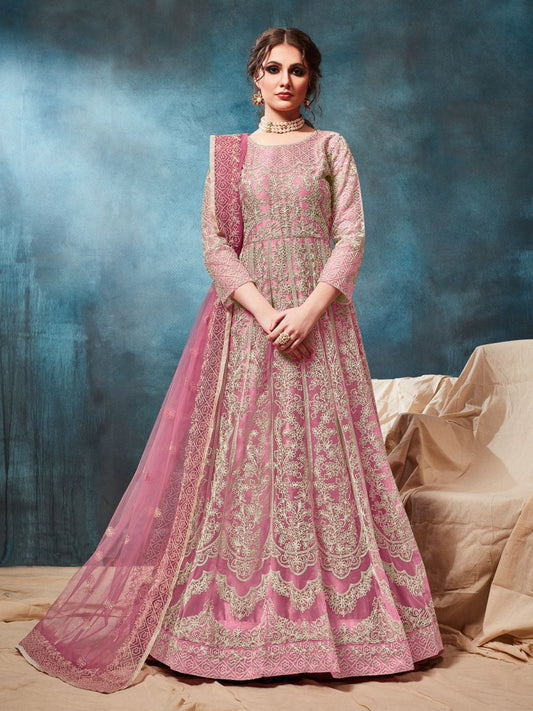 Pink Net Partywear Anarkali Suit - Inddus.com