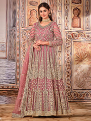 Pink Net Partywear Anarkali Suit - Inddus.com