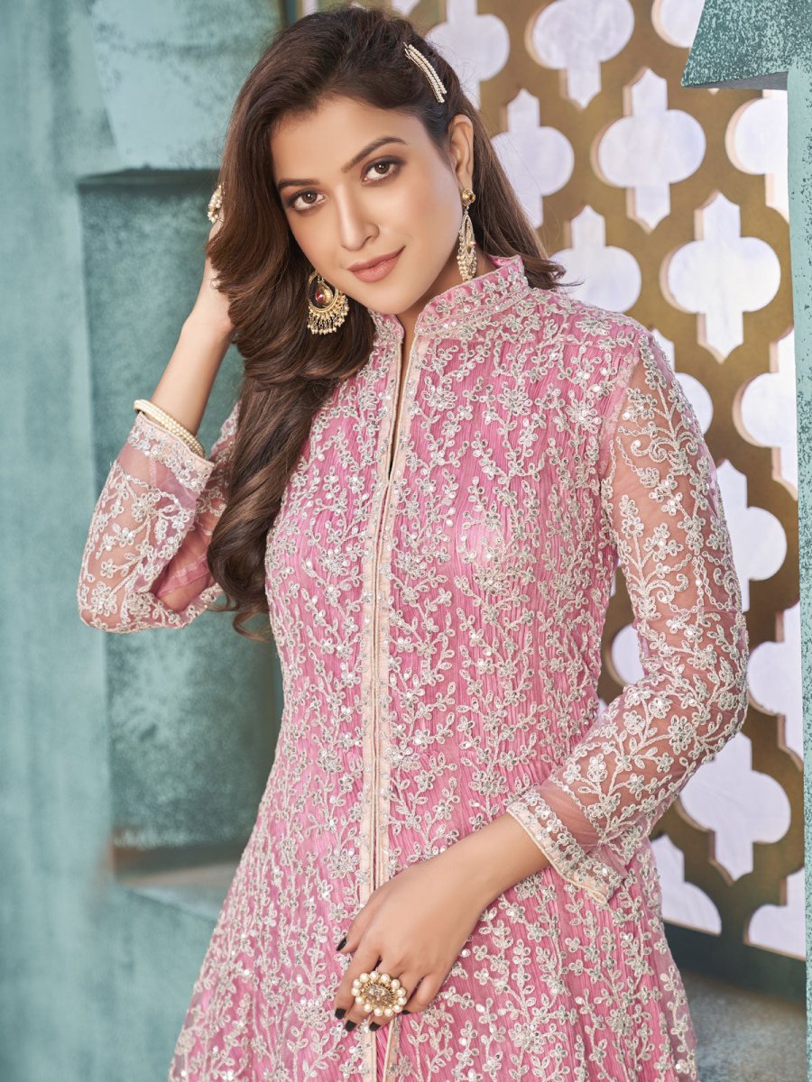 Pink Net Partywear Anarkali Suit - Inddus.com