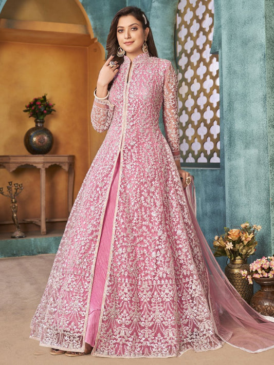 Pink Net Partywear Anarkali Suit - Inddus.com