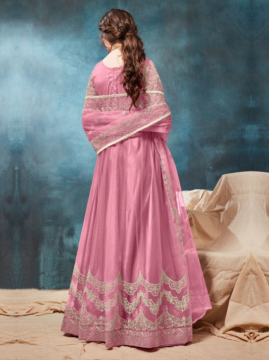 Pink Net Partywear Anarkali Suit - Inddus.com