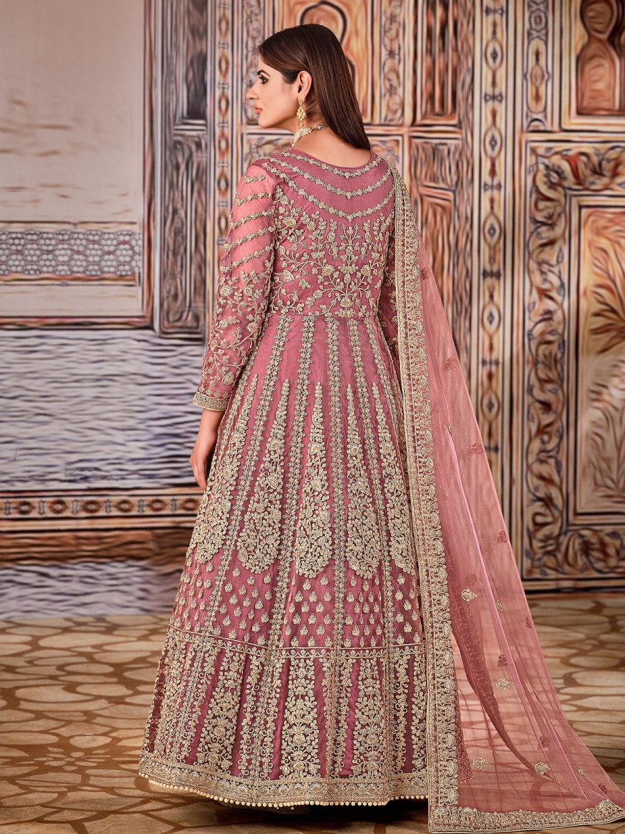 Pink Net Partywear Anarkali Suit - Inddus.com