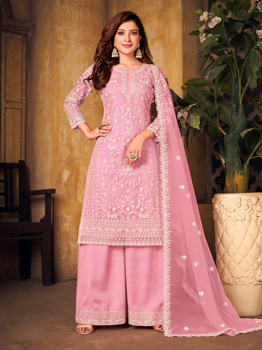 Pink Net Partywear Palazzo Suit - Inddus.com