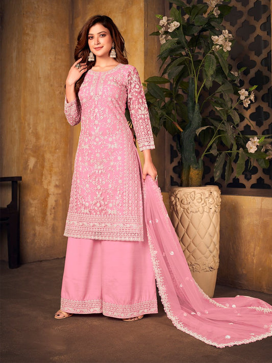 Pink Net Partywear Palazzo Suit - Inddus.com