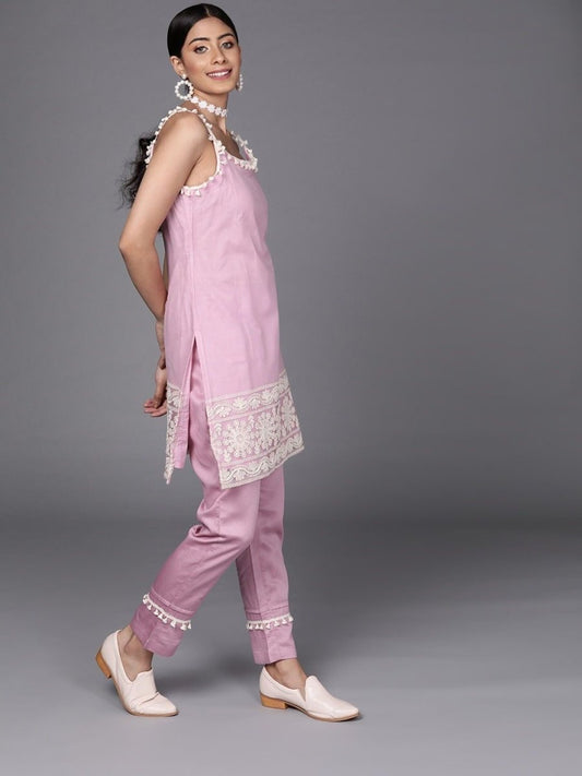 Pink Net Thread Work Straight Cut Suit - Inddus.com