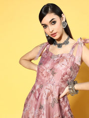 Pink Nylon Partywear Floral Dresses - Inddus.com