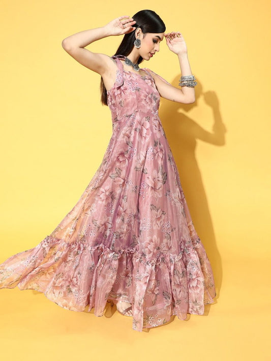 Pink Nylon Partywear Floral Dresses - Inddus.com