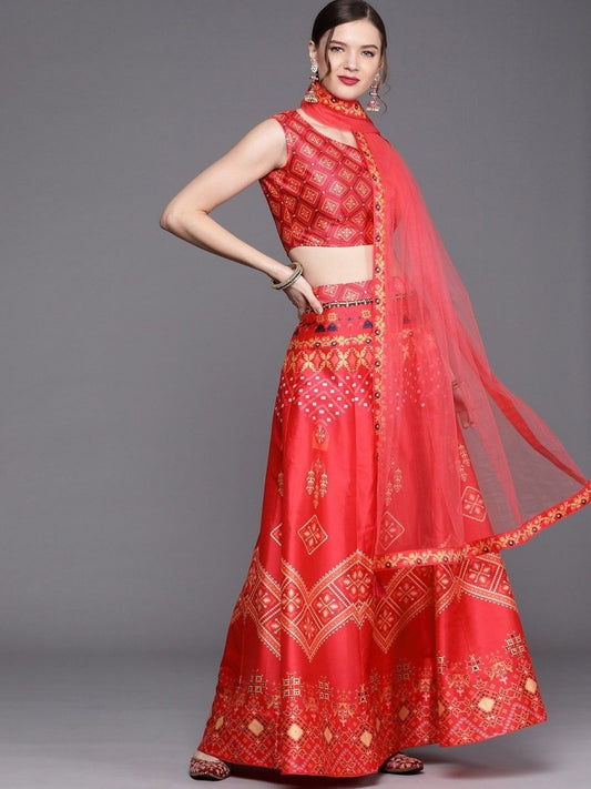 Pink Patola Print Semi Stitched Lehenga with Blouse and Dupatta - inddus-us