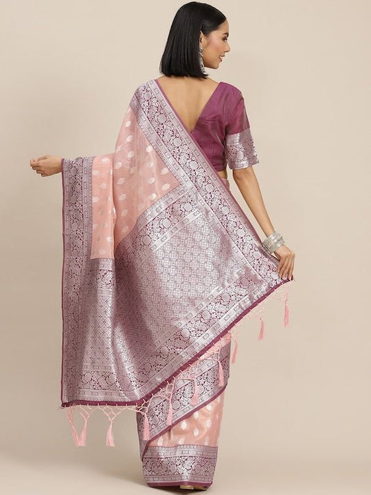 Pink & Purple Woven Design Zari Silk Blend Banarasi Saree - Inddus.com