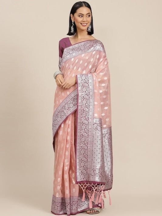 Pink & Purple Woven Design Zari Silk Blend Banarasi Saree