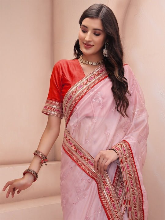 Pink & Red Floral Sequinned Organza Saree - Inddus.com