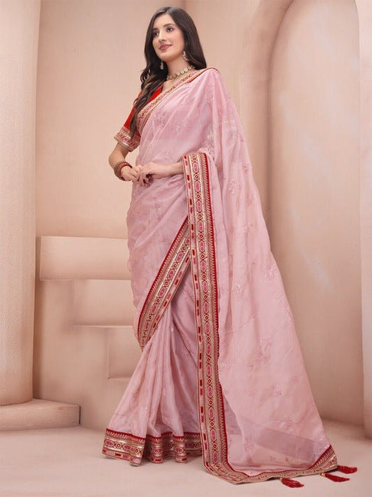 Pink & Red Floral Sequinned Organza Saree - Inddus.com