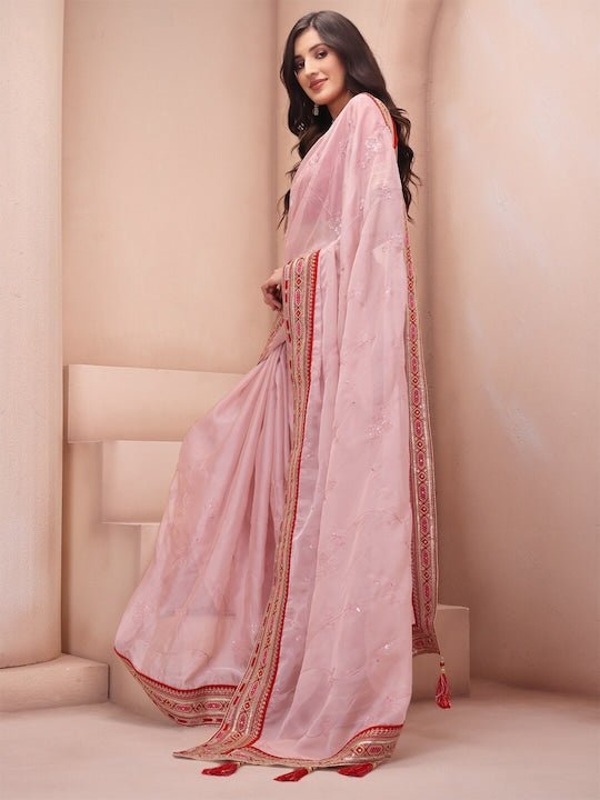 Pink & Red Floral Sequinned Organza Saree - Inddus.com