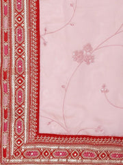 Pink & Red Floral Sequinned Organza Saree - Inddus.com