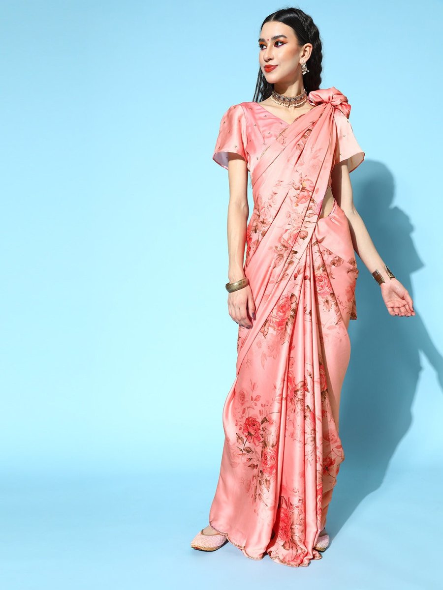 Pink Satin Floral Printed Saree with Blouse Piece - Inddus.com