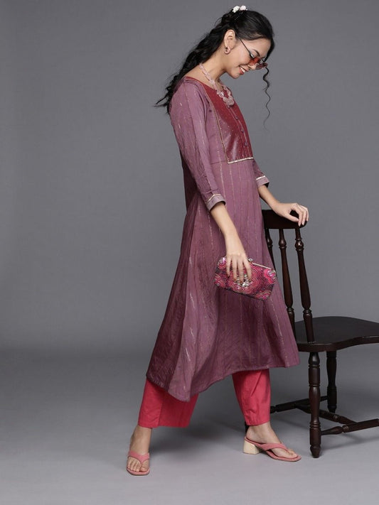 Pink Silk Blend Striped Kurta - Inddus.com