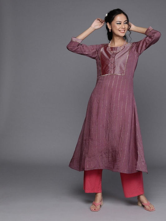 Pink Silk Blend Striped Kurta - Inddus.com