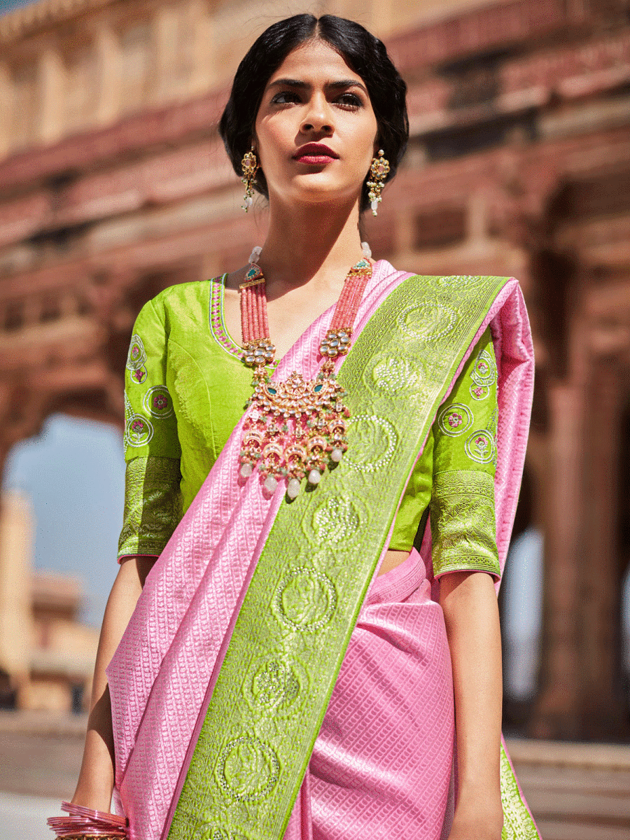 Pink Silk Embellished Saree - Inddus.com